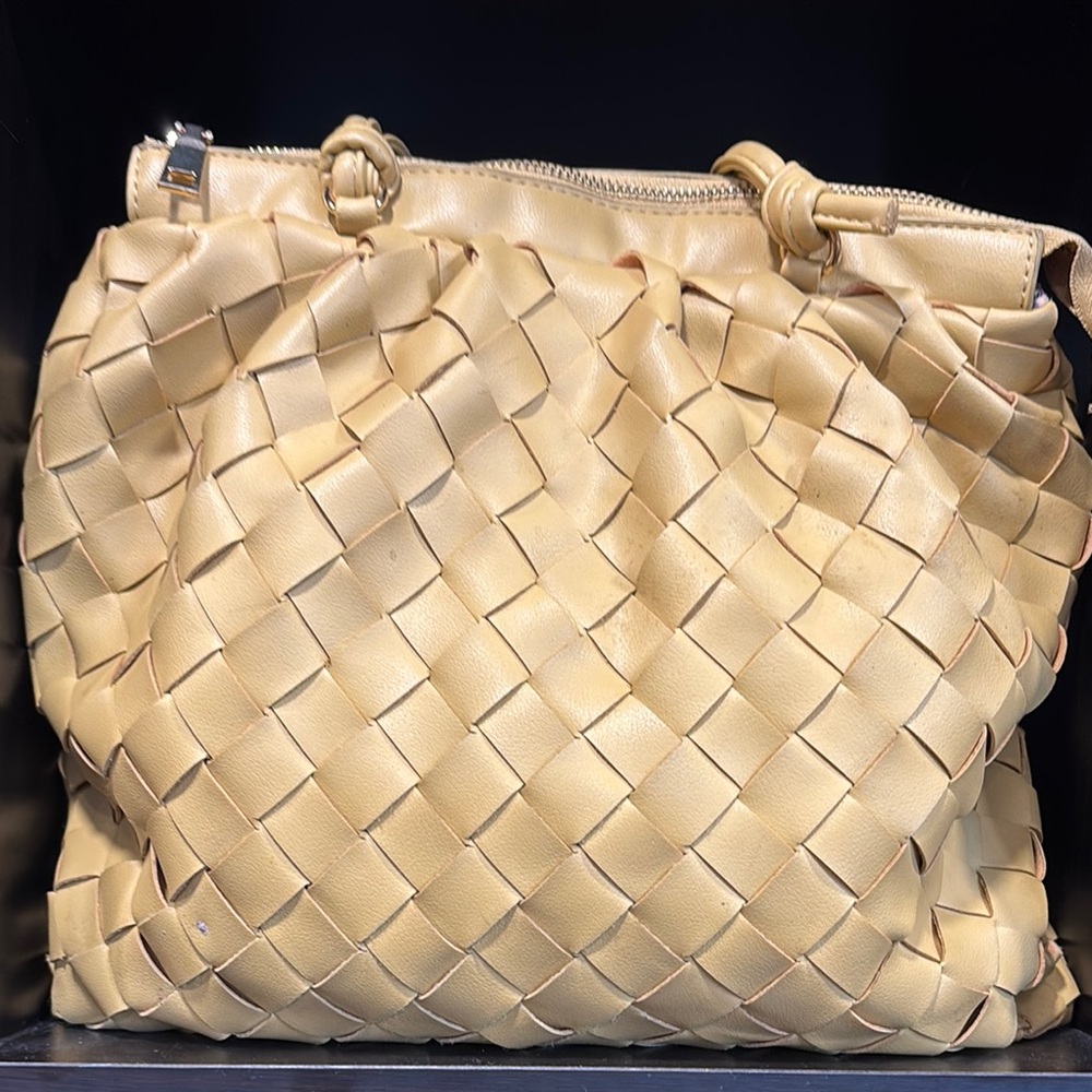 Tan Woven Vegan Leather Shoulder Bag with Intricate Design